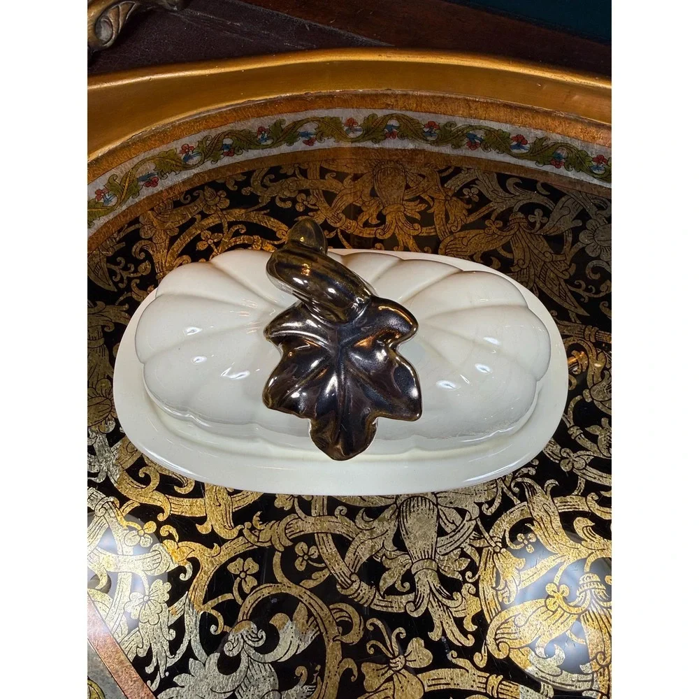 Vintage Pumpkin Butter Dish - Covered Dish with Ivory‎ & Metallic Glaze